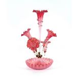 A Victorian cranberry glass table epergne, 55cm high, (some damage)