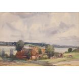 George Rushton, (1869-1948), study of a farm and river view with another view verso, signed