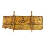 An Antique painted rustic wooden panel, decorated with medieval figures, 55cm x 113cm overall