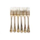Six George III silver Old English pattern table forks, various dates, 13ozs.