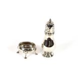 A George III silver table salt, maker William Simmons, London 1785, and a silver baluster sugar