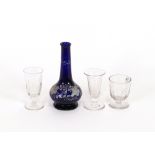 Eight Antique drinking glasses, and a Bristol blue enamelled bottle vase, (9)