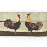 Manner of Warren Kimble, "Two Roosters", naive North American folk Art composition, oil on wooden