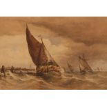 19th Century school, marine study of sailing vessels in heavy sea, jetty and figures in the far