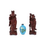 An antique Chinese Cloisonné baluster vase, 10cm high; and a pair of craved hard wood figures of