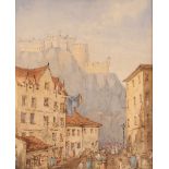 Henrietta Broadley, study of Edinburgh Castle with busy street scene below, circa 1852, 30cm x