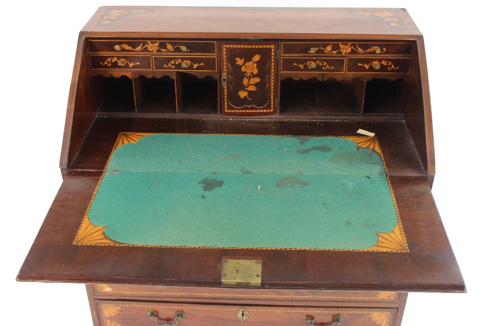 A 19th Century mahogany cross-banded and marquetry inlaid bureau, the fall front opening to reveal - Image 3 of 3
