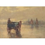 Van Veen, study of a man with horse and cart on the beach, boats and town in the far ground,