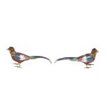 A pair of Japanese cloisonne pheasant ornaments, with elongated tails, decorated variety of colours,