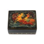 A Russian black lacquer painted and decorated patchbox, decorated figures and  Troika, signed and