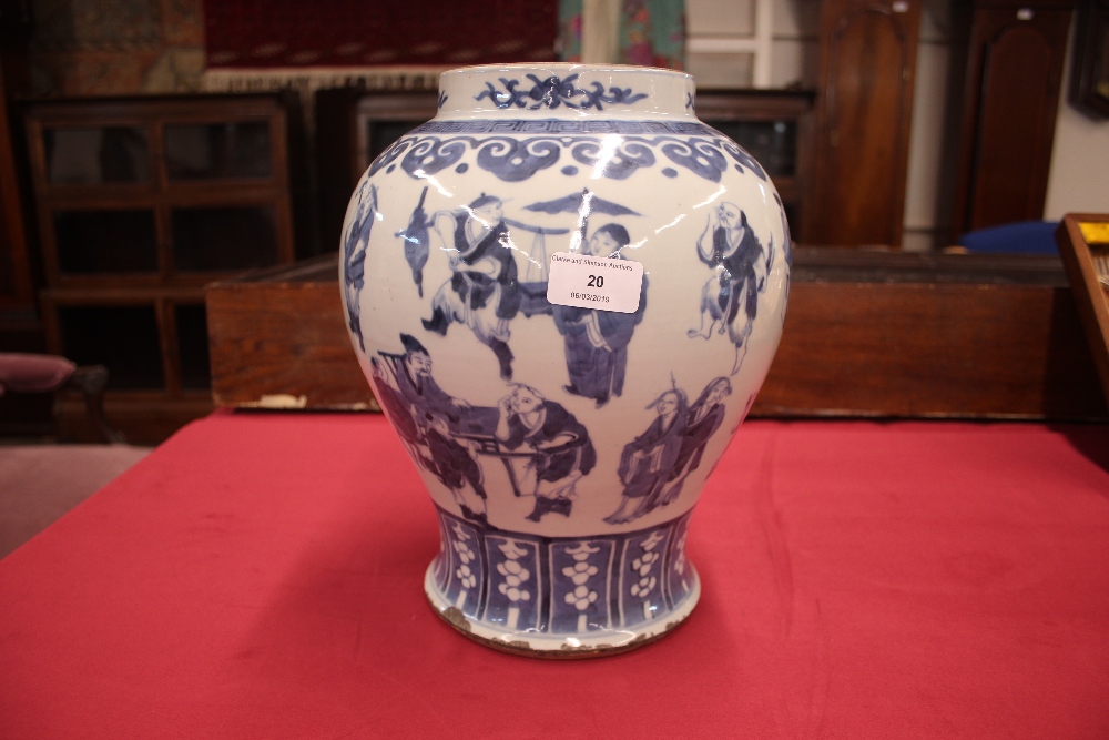 A 19th Century Chinese blue and white baluster vase and cover, decorated with figures and prunus, - Image 8 of 17