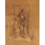 H Earp, study of a man with red cap and young girl holding lantern, pencil signed drawing 39cm x