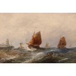 19th Century school, seascape with fishing boats and steam tug in heavy swell, lighthouse and town