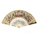 A 19th Century fan, having carved, pierced and decorated ivory sticks, painted silk decoration of