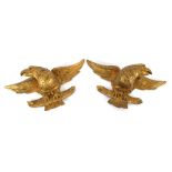 A pair of Georgian carved gilt wood eagle pediments, with outswept wings perched on branches, 35cm