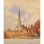 James Paterson,  study of buildings with tall church spire in the middle ground; signed