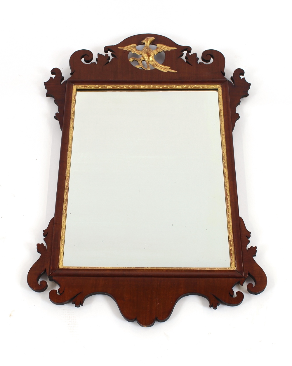A mahogany Chippendale style fret carved wall mirror, having gilt Ho Ho bird motif, 75cm x 52cm in