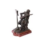 A bronze figure of a seated musician, on rouge marble plinth base, signed Stella, 30cm high overall