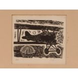 John O'Connor, A.R.C.A., woodcut study of a vintage air plane and parachute