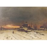 19th Century school, figure in a wintry landscape, indistinctly signed oil on canvas, 42cm x 58cm