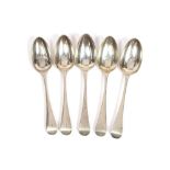A pair of George II silver dessert spoons, possibly London 1753, initialled B; and three others