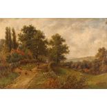 19th Century English school, study of an expansive rural landscape with figure and chickens