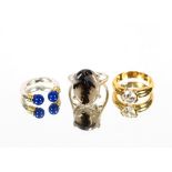 A silver and moss agate set ring; a silver and Lapis Lazuli ring; and a silver gilt crystal ring, (
