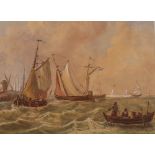 19th Century Dutch school, study of fishing vessels in heavy seas alongside a quay, indistinctly