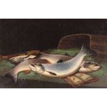 B Russell, still life study depicting trout and creel, signed oil on canvas, 40cm x 60cm