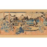 A Japanese coloured wood cut, in three sections depicting Geisha girls in exotic garden terrace,