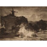 Leonard Russell Squirrell, mezzotint depicting figure and cattle in a gorge with windmill in the