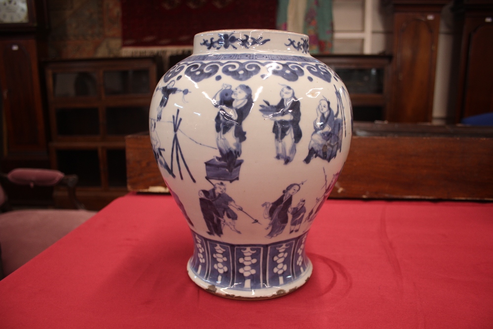 A 19th Century Chinese blue and white baluster vase and cover, decorated with figures and prunus, - Image 10 of 17