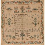 An early 19th Century sampler, decorated verse, trees and buildings, worked by Mary Holmes aged 12