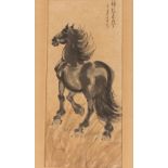 A Chinese ink sketch of a horse, signed and inscribed "Kart", 60cm x 27cm