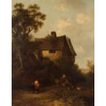 After Edward Robert Smythe, study of figures outside a rural cottage, unsigned oil on canvas, 91cm x