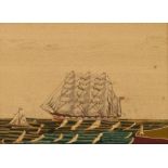 A finely woven 19th Century woolwork picture, depicting two sailing ships in full sail, contained in