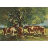 James Govier, A.R.C.A., (1910-1974), study of cows amongst trees, oil on card, 30cm x 40cm