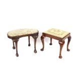 A mahogany dressing stool with needlepoint upholstered drop-in seat, raised on cabriole supports and