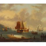 Nicholas Baur, Marine study with sailing vessels anchored near a beach, figures unloading boats,