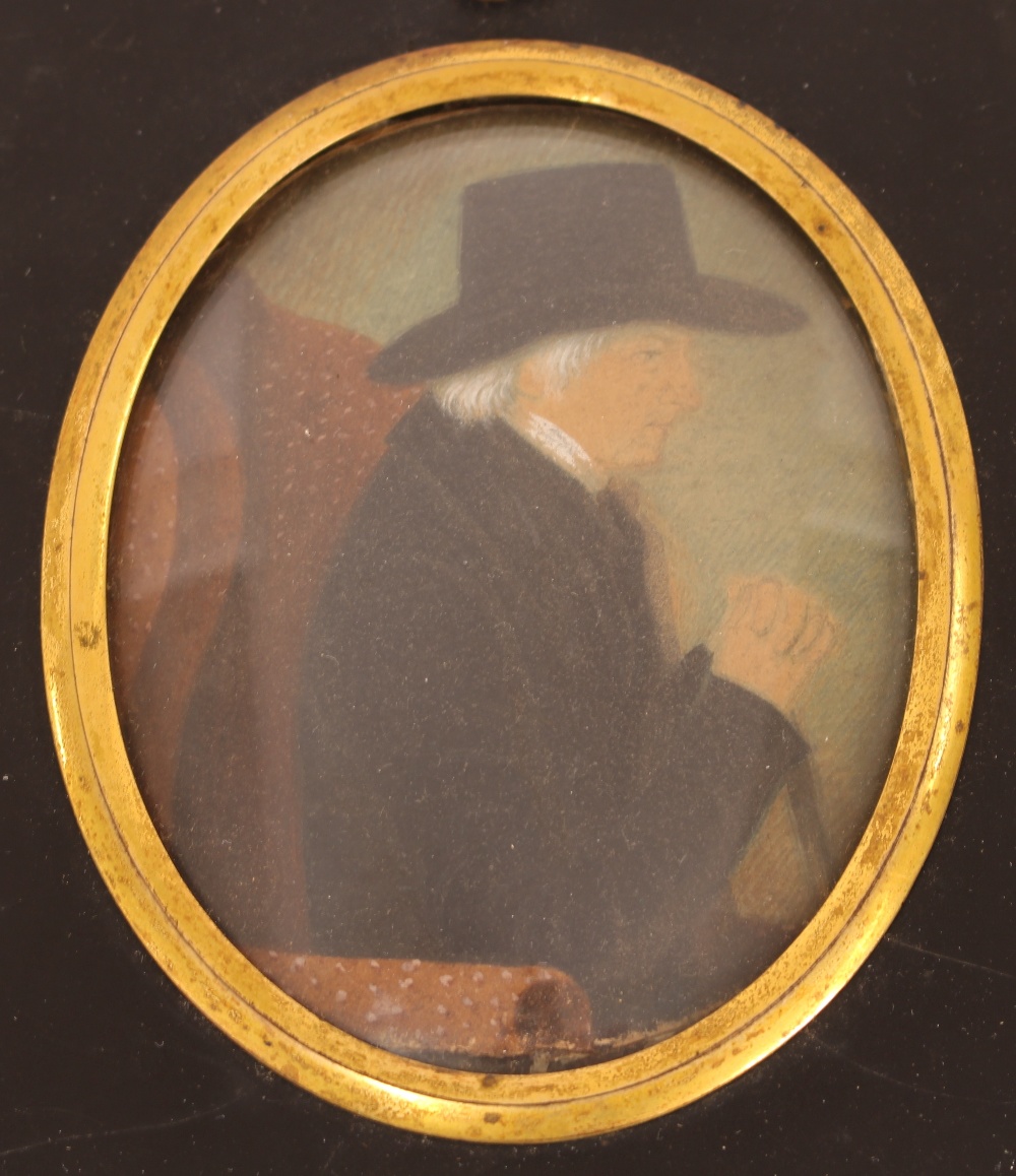 A 19th Century miniature portrait, of a gentleman in black coat and hat, contained in an ebonised - Image 2 of 5