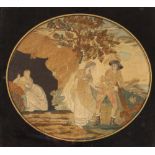 A Regency silk work picture, depicting biblical scene, framed as an oval in black and gilt mount,
