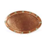 An Arts & Crafts design oval spot hammered tray, decorated with white metal stylised bosses, 46cm