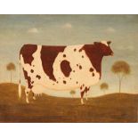 Naive school, study of a large brown coloured cow in landscape, unsigned oil on board, 40cm x 50cm