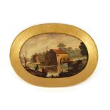 19th Century school, oval study of figures in front of a watermill, rural landscape in the