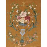 A Victorian needlepoint and painted embroidery, depicting flowers contained in birds eye maple