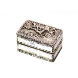 A William IV silver snuff box, the lid cast with scenes of horses and dogs, engine turned decoration
