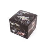 A Victorian black lacquered and mother of pearl inlaid box, with contents of numerous ivory and bone