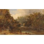 L R Ward, a study of a fisherman on a rural river, signed oil on board dated 1872, 30cm x 50cm