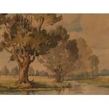 20th Century school, study of a figure fishing with meadows and church in the far ground, unsigned