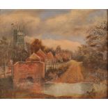 20th Century school, study of bridge and church at Ufford, oil on canvas, initialled CW, 30cm x